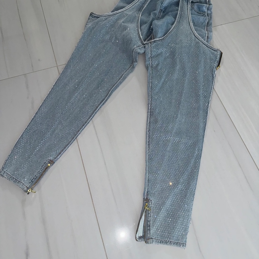 Sparkling Blue Denim Pants with Zipper Details